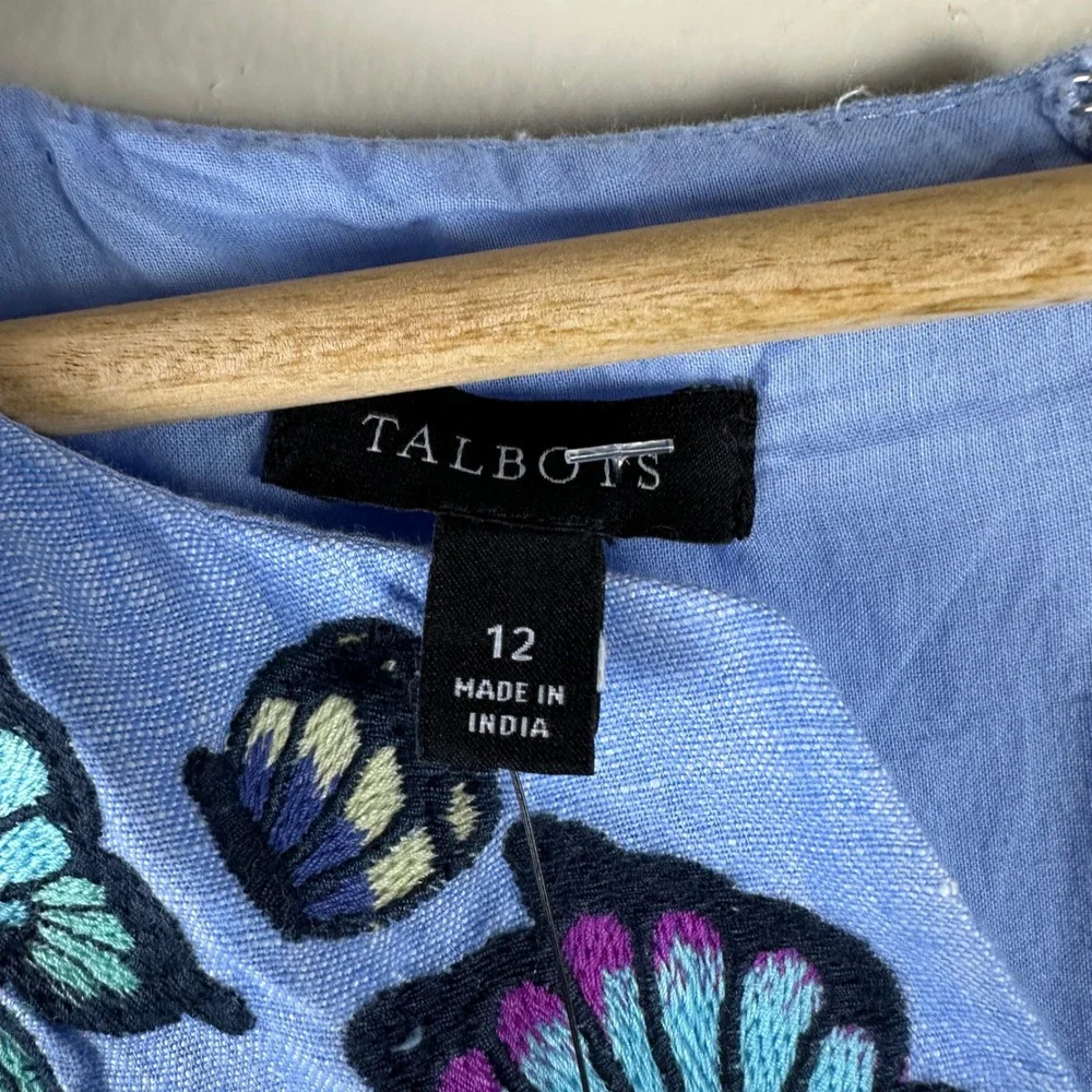 Talbots Women's 12 Shift Dress Blue Linen Blend Butterfly Embroidered V-Neck NWT - Picture 7 of 8